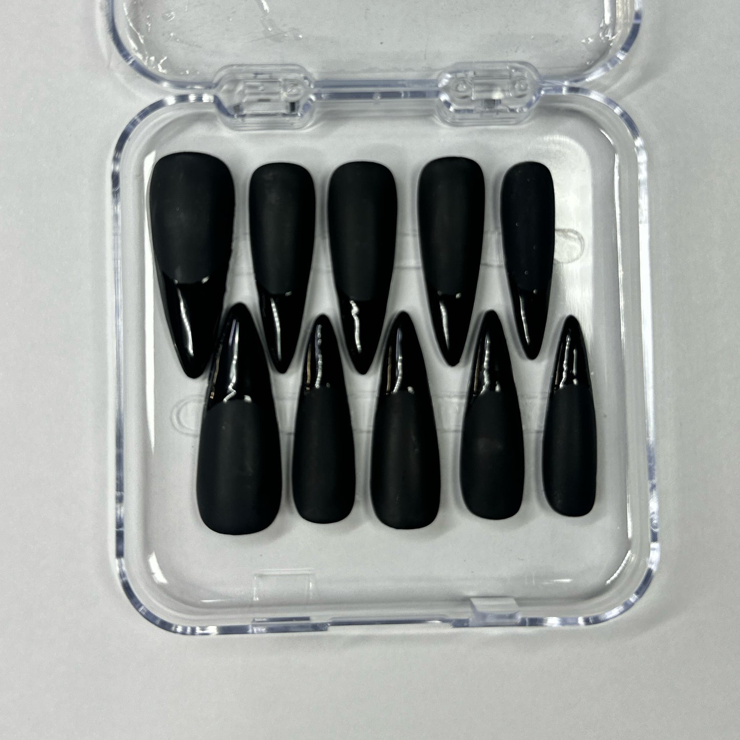 So Black Nail – Matte & Gloss French Tip Press On Nails | Long Stiletto Handmade Fake Nails