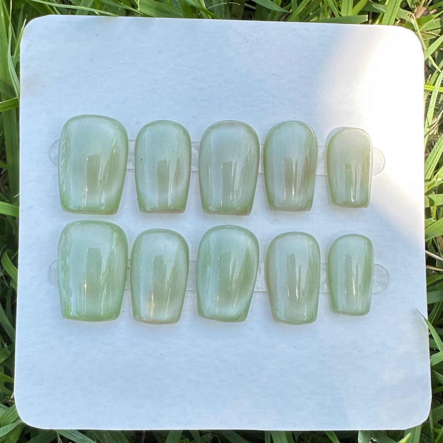Set of clear nail extensions on a white card on grass