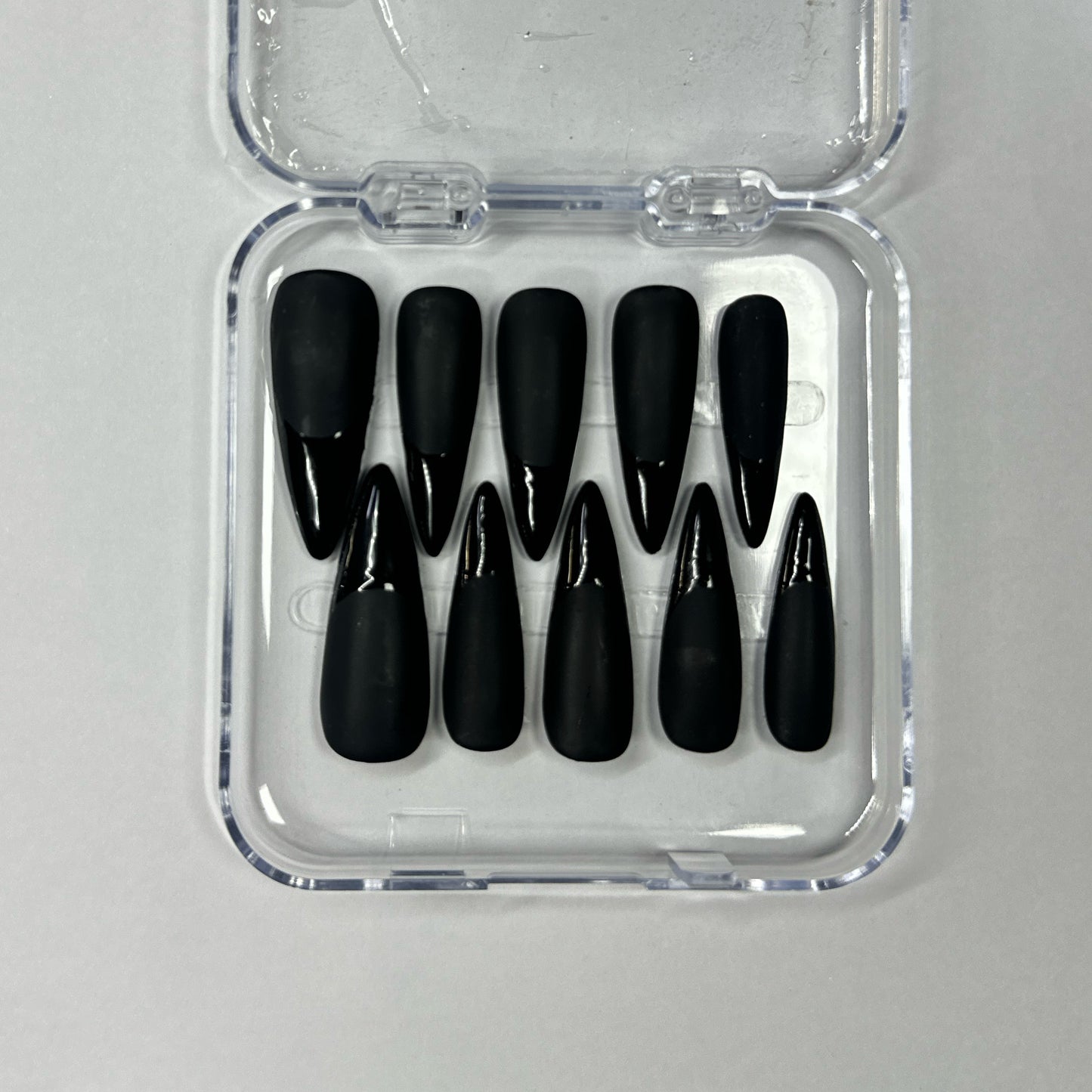 So Black Nail – Matte & Gloss French Tip Press On Nails | Long Stiletto Handmade Fake Nails