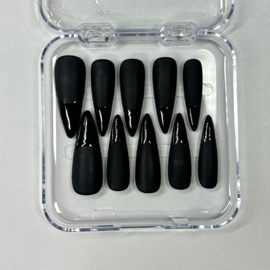 So Black Nail – Matte & Gloss French Tip Press On Nails | Long Stiletto Handmade Fake Nails
