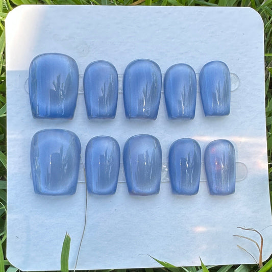 Blue cay eyes press on nails on a white card on grass