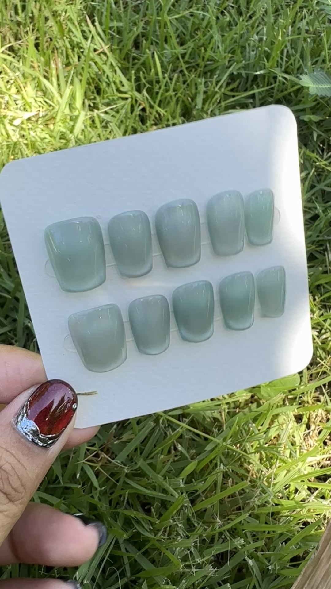 light green press on nail  showing under the sunlight and shade